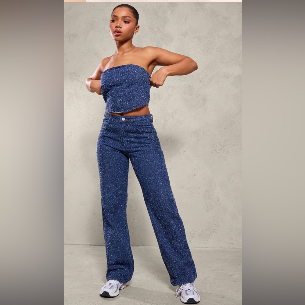 PrettyLittleThing Blue Bobble Texture High Waist Straight Leg Jeans Size 8 - Picture 6 of 12